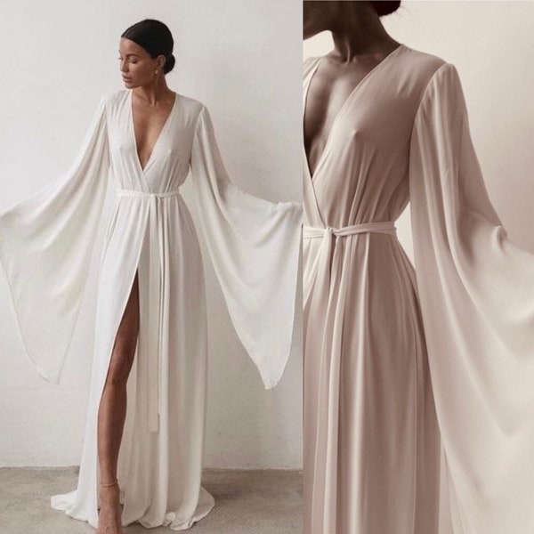 Women's white bathrobe wedding dress White kimono Handmade dressing gown Crepe fabric Sizes XS to 3XL
