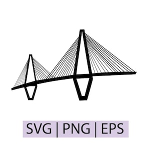 May include: Black and white line art illustration of a cable-stayed bridge. The bridge has two towers connected by numerous cables. The text "SVG | PNG | EPS" is below the bridge.