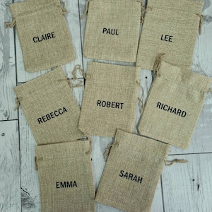 Personalised wedding favour bags, hessian bags, party bags, wedding gifts, wedding favours, Mr and Mrs, wedding name tags, wedding sweet bag