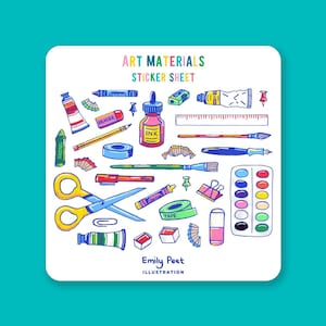 Kunstmaterialen, pakket met 31 stickervellen | Kunstbenodigdheden, kunstenaar, stationaire stickers, knutselen, dagboekstickers, plannerstickers, geïllustreerd