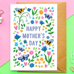 Bonne fête des mères florale A6 | Carte botanique de fête des mères, carte mignonne de maman, carte de maman de fleurs sauvages, fête des mères de jardin, conception illustrée