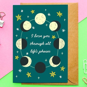 Tarjeta A6 de fases lunares / linda tarjeta de San Valentín, tarjeta de aniversario, tarjeta de amor, tarjeta de amor celestial, tarot, espacio, luna y espalda, aniversario de bodas