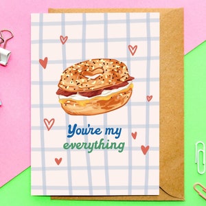 Everything Bagel A6-kaart | valentijnskaarten, jubileumkaart, schattige bagel, jij bent mijn alles, grappige liefdeskaart, woordspeling, schattige geïllustreerde kaart