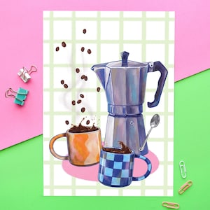 Coffee Moka Pot Art Print A4 Colourful kitchen wall art, coffee lover, espresso, painting, wall decor, housewarming, digital illustration image 1