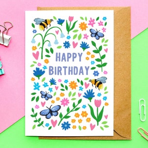 A6 Blumenkarte Happy Birthday | botanische, florale Geburtstagskarte, für Sie, bunte Karte, Wildblumen, süsse Geburtstagskarte, illustriert