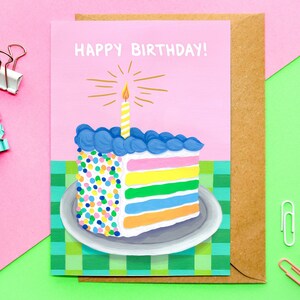 Cartão de Feliz Aniversário A6 | Cartão de bolo de feliz aniversário, bolo arco-íris, cartão de bolo de aniversário, cartão ilustrado, cartão de aniversário para ela, cartão colorido