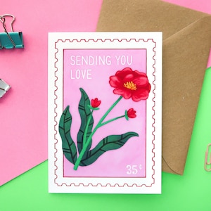 Carte tampon florale A6 | Carte botanique, vous envoyant l'amour, fleurs sauvages, carte d'art illustration floral jardin lumineux, carte pour toute occasion