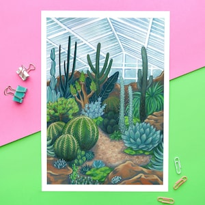 Stampa artistica "Serra di cactus" in formato A3 / stampa artistica di serra, stampa artistica di piante da appartamento, illustrata, arte botanica, stampa di cactus, stampa artistica di giardinaggio