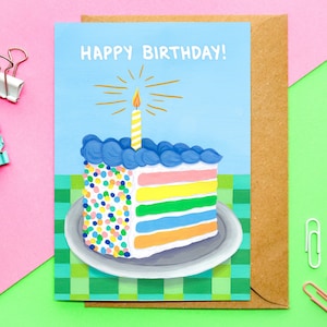 Carte de joyeux anniversaire A6 | Carte de gâteau de joyeux anniversaire, gâteau arc-en-ciel, carte de gâteau d'anniversaire, illustrée, carte d'anniversaire pour lui, art de la fierté coloré