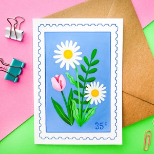 Carte tampon florale A6 | Carte botanique, juste une note, blanc à l'intérieur, fleurs sauvages, carte d'art illustration floral jardin lumineux, carte pour toute occasion