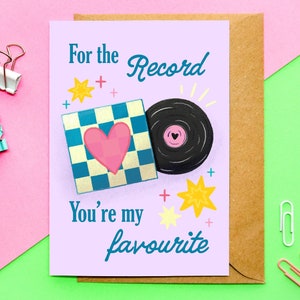 Tarjeta A6 For The Record / Retro, vintage, amante de la música, tocadiscos, juego de palabras con música, tarjeta de San Valentín, ilustrada, tarjeta de aniversario, amor lindo