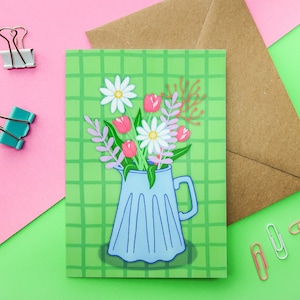 A6 花瓶カード | 植物カード、メモのみ、中は空白、野の花、明るい庭の花のイラストアートカード、あらゆる機会のカード