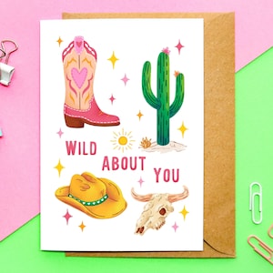 A6 Wild Western-kaart | Cowboy, Yeehaw, cowgirl-thema, Cactus Desert, Cowboy Boots Hat, Texas, illustratiekaart, vriendschapskaart, schattige kaart