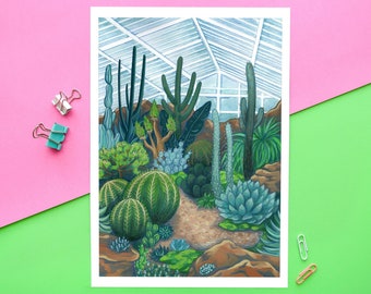 A4 serre cactus | impression d'art de serre, illustration de plante, art botanique, art mural de cactus, impression d'art de jardinage, art de pendaison de crémaillère de plante