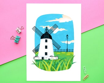 Lytham Windmill A4 Print | Lytham St Anne's, Lancashire, Lytham Windmill, Coastal, Art Print, Housewarming Gift, Fylde, North West UK