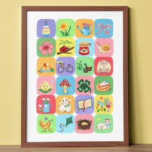 May include: A framed print with a grid of colourful squares, each with a distinct illustration. The images include flowers, animals, food, and other spring-themed objects. The artwork is framed in a brown wooden frame.