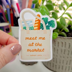 Adesivo de sacola de mercado | adesivo de vinil para sacola de mercado, adesivo de mercado de fabricantes, adesivo de loja local, mercado de fazendeiros, ilustrado, primavera, pop-up, kawaii