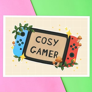 Stampa A5 di Cosy Gamer / Stampa artistica di una console Switch carina, stampa artistica da parete di una console per videogiochi kawaii, Joycon pastello estetico