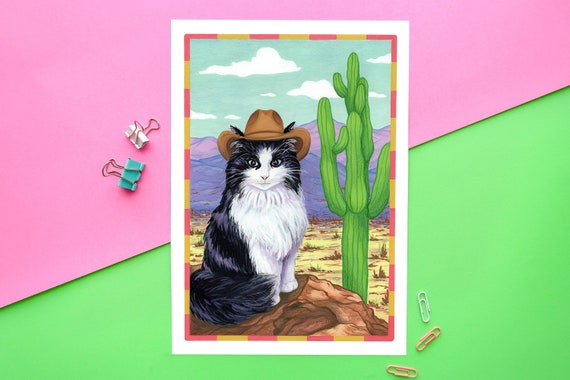 Cowboy Cat | Cat Painting, Cat in hat, cute cat, cat art, cowboy hat, cat art print, cat illustration, tuxedo cat wall art, A4 cat poster