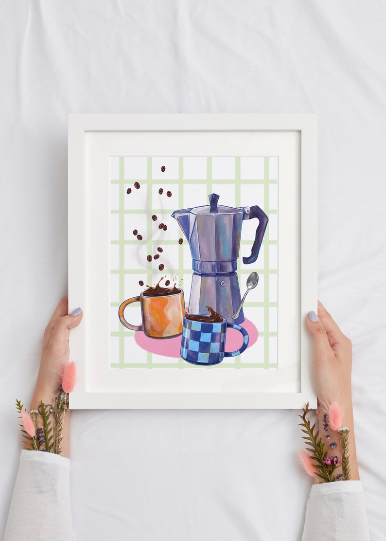 Coffee Moka Pot Art Print A4 Colourful kitchen wall art, coffee lover, espresso, painting, wall decor, housewarming, digital illustration image 2