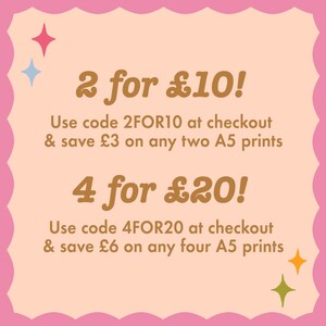 Peut inclure: Un fond rose et p&ecirc;che avec une bordure ondul&eacute;e. Le texte "2 pour 10&nbsp;&euro;&nbsp;!" et "4 pour 20&nbsp;&euro;&nbsp;!" est en brun. Le texte "Utiliser le code 2FOR10 &agrave; la caisse et &eacute;conomisez 3&nbsp;&euro; sur deux impressions A5" et "Utiliser le code 4FOR20 &agrave; la caisse et &eacute;conomisez 6&nbsp;&euro; sur quatre impressions A5" est en brun.