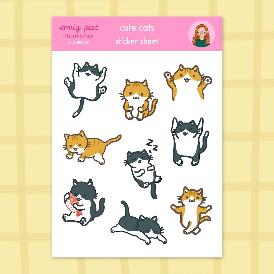 Cute Cats Sticker Sheet | Cat Art, Silly Cat Stickers, Tuxedo, Orange ...