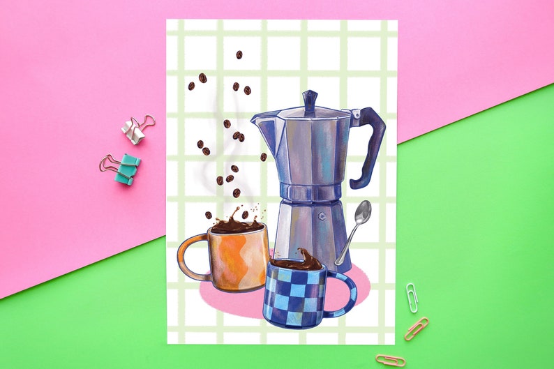 Coffee Moka Pot Art Print A4 Colourful kitchen wall art, coffee lover, espresso, painting, wall decor, housewarming, digital illustration image 1