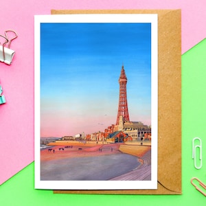A6 Blackpool Tower Grußkarte | Lancashire, Geschenk, Beleuchtungen, Abschlussball, Wahrzeichen, Kunstdruck, Urban, Lancashire Geschenk, Fylde, North West UK