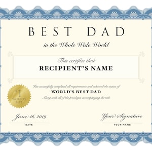 Vatertag, Papa Geburtstag, Printable, Vater Zertifikat, Papa, bearbeitbar, Zertifikat, der beste Vater der Welt, Sofortiger Download, PDF, JPG, Word
