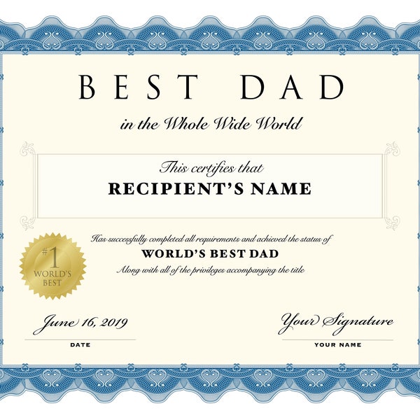 Father's Day, Dad Birthday, Printable, father certificate, Dad, Editable, Certificate, World's Best Dad, Instant Download, PDF, JPG, Word