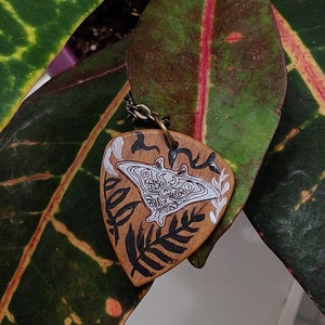Moth Guitar Pick Tribute to Ellie Wood Engraved Necklace Inspired in Videogame Death Moth Goth Jewelry Tattoo Fantasy Pendant