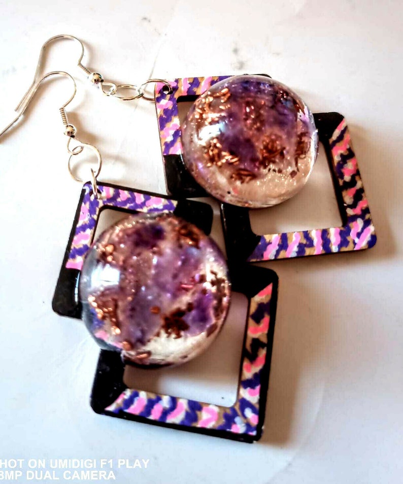 Orgone earrings Copper Amethyst,crystals,natural wood,chakra,reiki,yoga