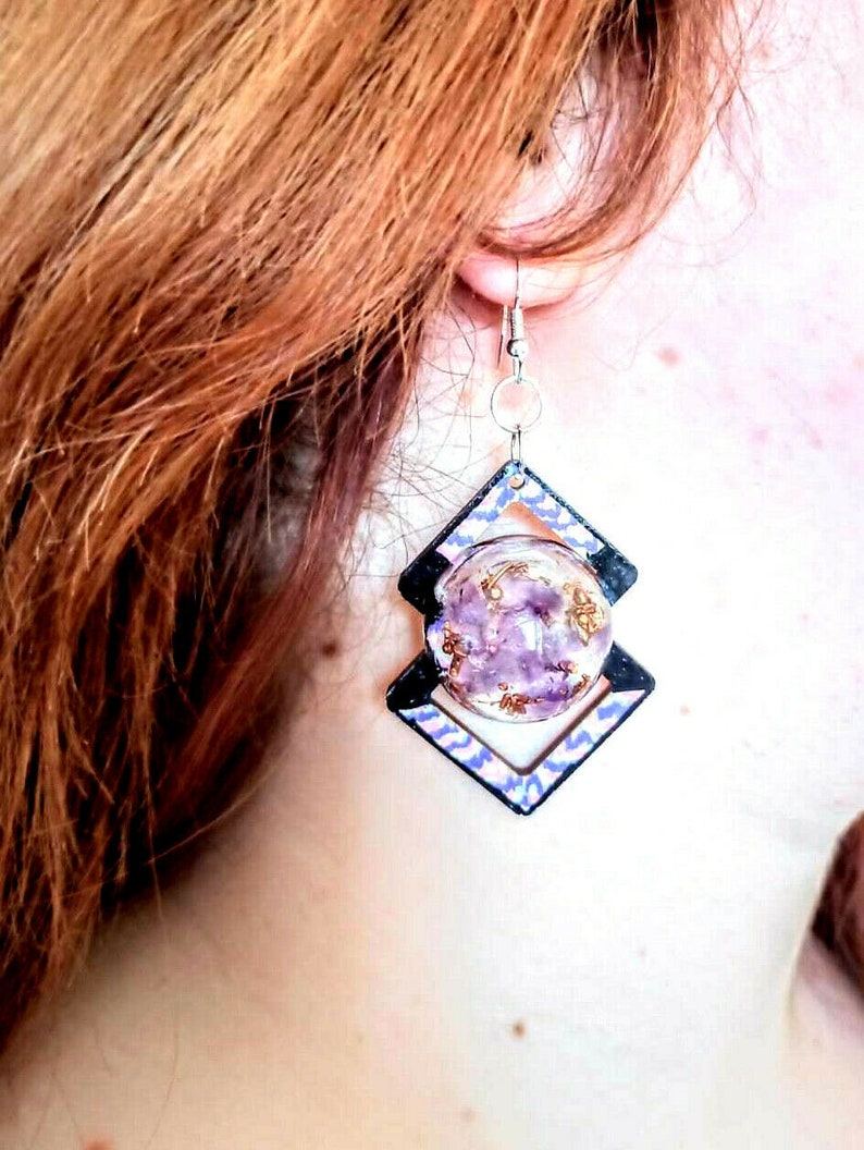 Orgone earrings Copper Amethyst,crystals,natural wood,chakra,reiki,yoga