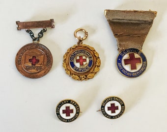 5 WWI vintage American Red Cross Distinguished service medals & pins  First aid Chicago