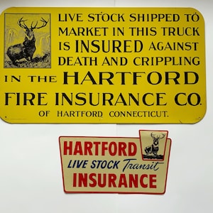 Letrero y calcomanía antiguos de camión ganadero Hartford Insurance J.V. Reed Litho