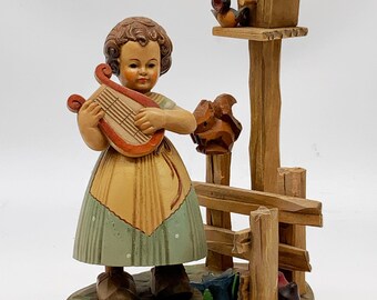 Vintage Italian Toriart Anri carved music box with Reuge Swiss movement Child with harp