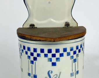 Vintage French enamelware White & blue  Salt sel box with wooden lid