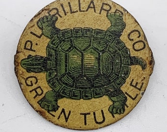 Antique P. Lorillard Tin Chewing Tobacco Tag Green Turtle White Black Green