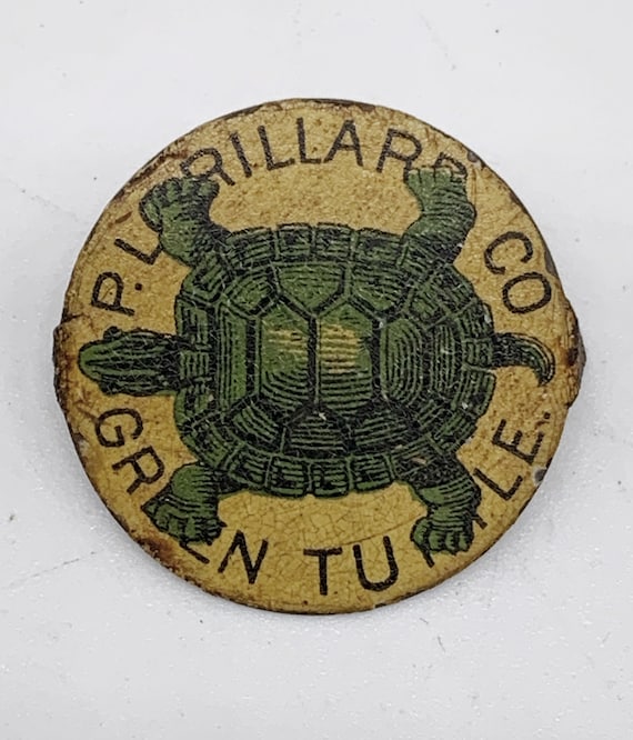 Antique P. Lorillard Tin Chewing Tobacco Tag Green Turtle White Black Green 