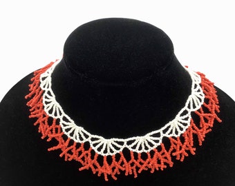 Beaded Shell and Coral Collar