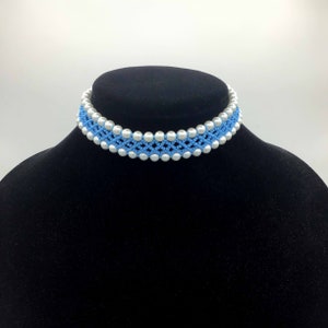 Trendy Blue Double Pearl Beaded Choker Necklace