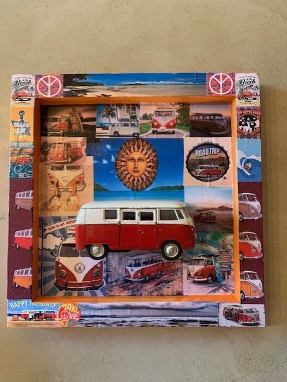 Cadre Collage 3D Artisanal Combi Vw Rouge et Blanc