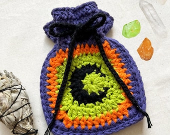 Crochet Crescent Moon Drawstring Pouch // Size Medium // Black, Green, Orange, & Purple