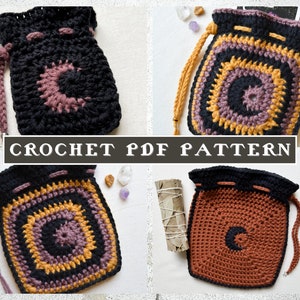 May include: Four crocheted drawstring bags with a crescent moon design. The bags are made in black, brown, and purple yarn with yellow accents. CROCHET PDF PATTERN is written across the middle of the image.