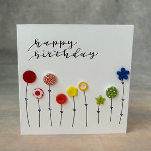 Birthday card. Happy birthday card. Calligraphy card. Flower card. Button card.