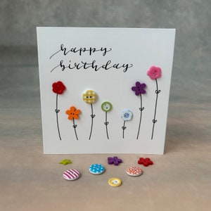 Birthday card. Happy birthday card. Calligraphy card. Flower card. Button card. image 3