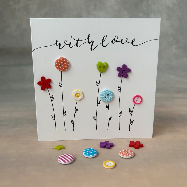 Birthday card. Happy birthday card. Calligraphy card. Flower card. Button card. With love