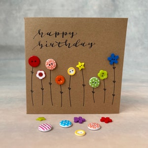 Birthday card. Happy birthday card. Calligraphy card. Flower card. Button card. 9 button brown