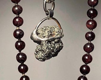 Sparkly Pyrite Necklace With Garnet Beads , Natural Crystal Pendant,Pyrite Necklace ,Handmade Necklace Unisex