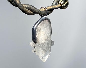 Clear Quartz Necklace With Natural Antique Leather Thong Cord